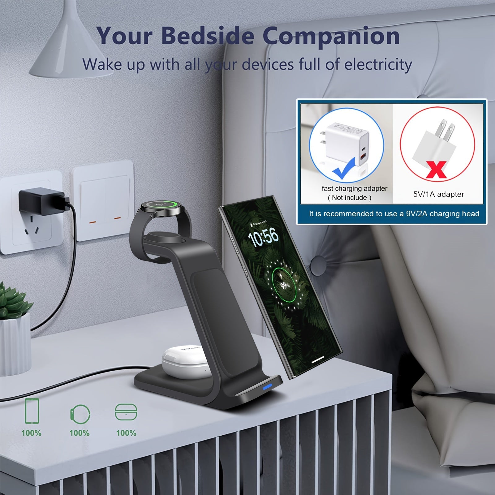 Wireless Charging Station For Samsung, Travel Portable Charger 3 In 1 For Samsung S24 Ultra/S24/S24+/S23 Ultra/S23/S22 Ultra/S22/S21/Note 20, For Galaxy Watch 6/6 Classic/5/5 Pro/4, For Galaxy Buds 2 Pro/Pro - KHOY