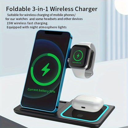 3 In 1 Fast Charging Station, Folding Wireless Charger Stand For IPhone 14, 13, 12, 11/Pro/Max/Mini/Plus, X, XR, XS/Max, SE, 8/Plus, For IWatch 1-8, For Airpods 3/2/Pro - KHOY