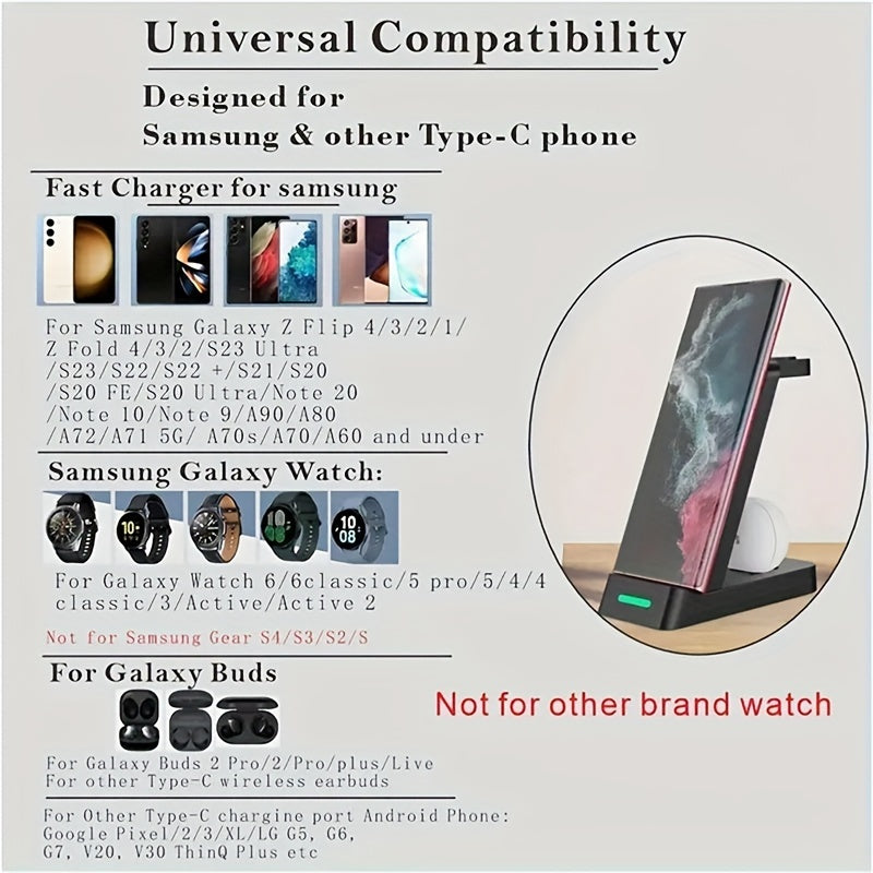 3-in-1 Wireless Charging Stand for Samsung S22/S21, Galaxy Watch Fast Charger Dock, 13.49x12.4x6.78 cm, Case-Friendly Station with LED Indicator - KHOY