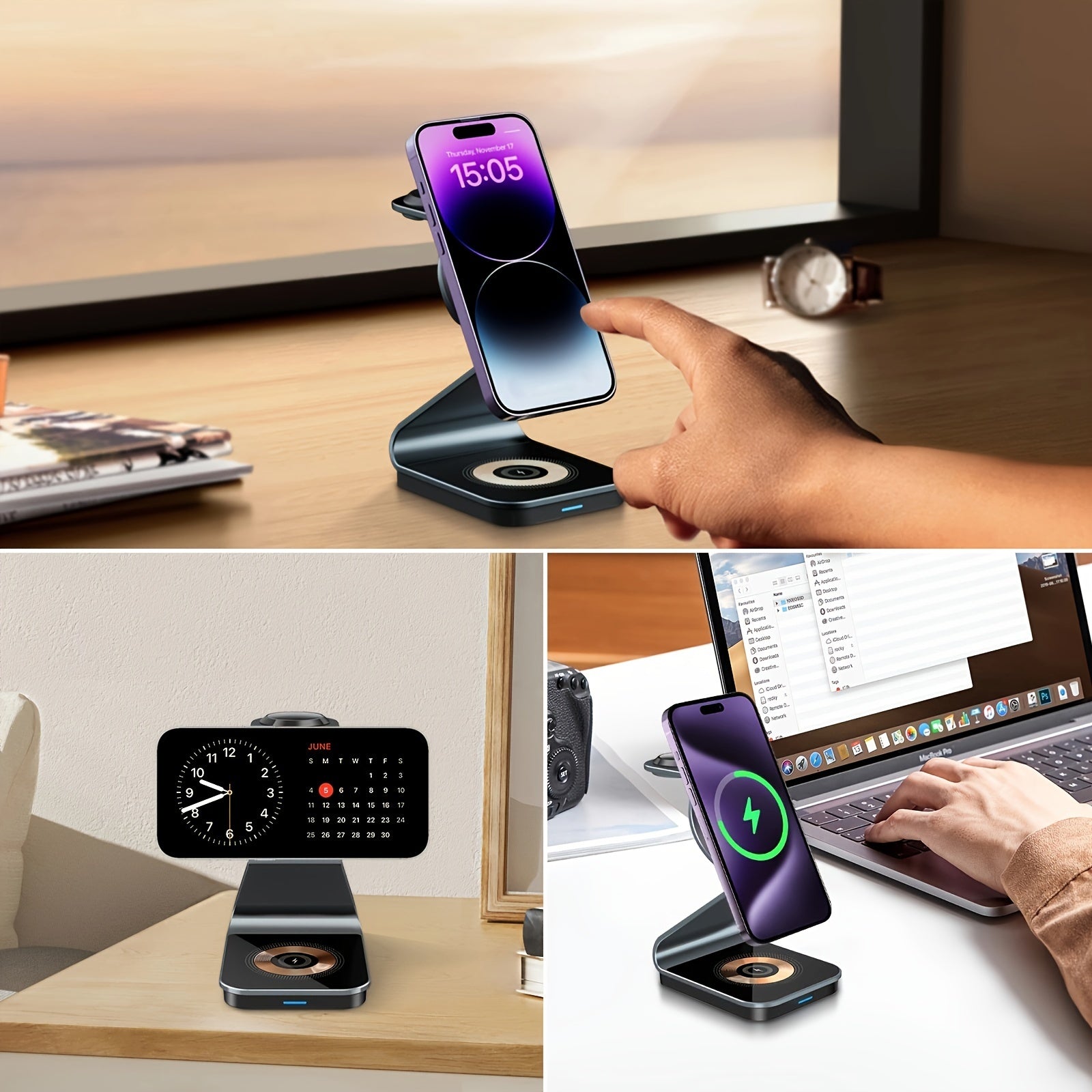 3 In 1 Magnetic Wireless Charger, 15W Fast Charging Station, Suitable For iPhone 15/14/13/12/Pro/Max/Mini/Plus, For iWatch Ultra/Ultra2/9/8/7/6/5/4/3/2/1/SE, For AirPods 3/2/Pro/Pro2 - KHOY