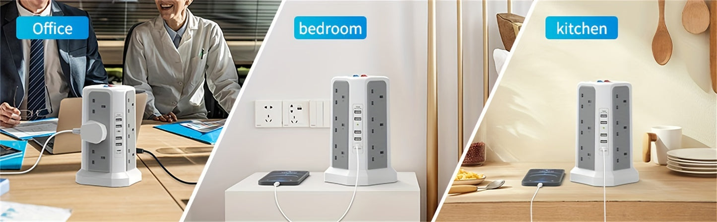 1pc Tower Extension Lead With USB Slots 1.8M And 18W USB C Fast Charger, (13A 3250W) 5 USB Ports And 12 Way Extension Tower, Surge Protection Extension Lead With Switch, Extension Cable For Home, Office - KHOY