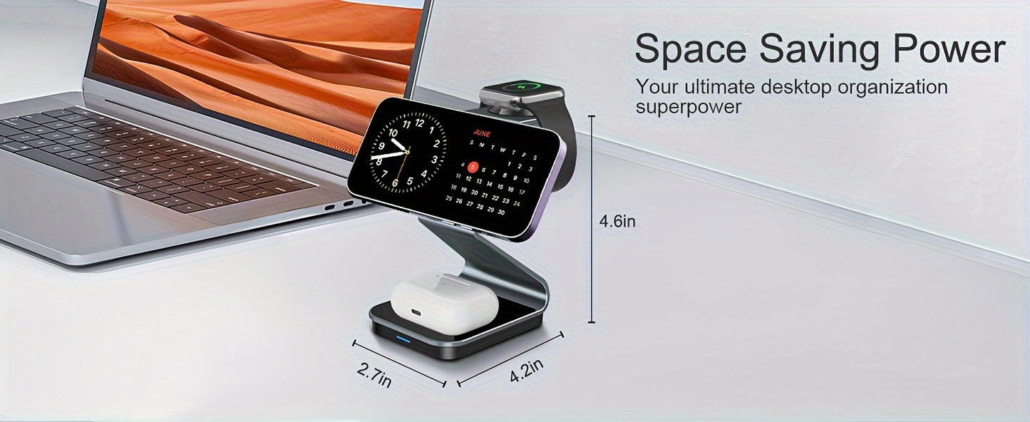 3 In 1 Magnetic Wireless Charger, 15W Fast Charging Station, Suitable For iPhone 15/14/13/12/Pro/Max/Mini/Plus, For iWatch Ultra/Ultra2/9/8/7/6/5/4/3/2/1/SE, For AirPods 3/2/Pro/Pro2 - KHOY