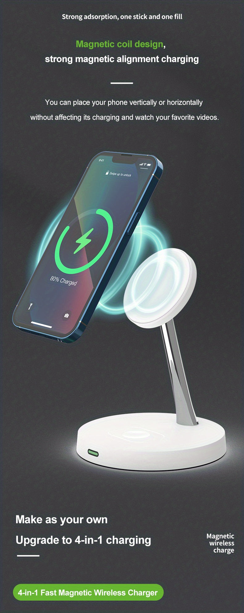 TIMESS-4 In 1 Magnetic Wireless Charger Station For IPhone15 14 13 Airpods 3/2/Pro, With Night Light For IWatch Series9/ 8/7/6/SE, Wireless Charging Station For Multiple Devices - KHOY