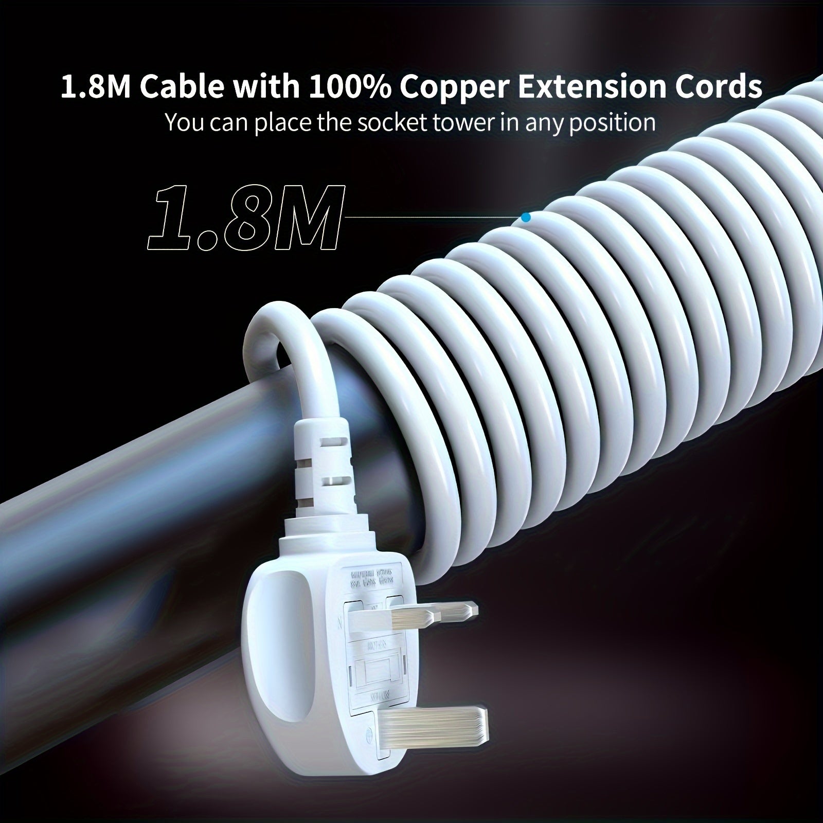 1pc Tower Extension Lead With USB Slots 1.8M And 18W USB C Fast Charger, (13A 3250W) 5 USB Ports And 12 Way Extension Tower, Surge Protection Extension Lead With Switch, Extension Cable For Home, Office - KHOY