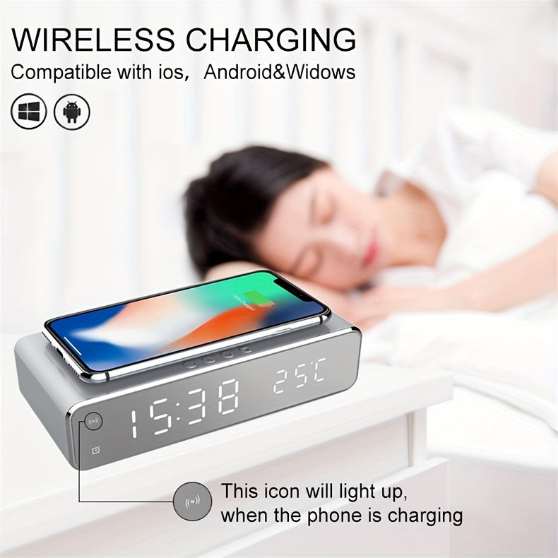 Wireless Charger Time Alarm Clock LED Digital Thermometer Earphone Phone Chargers Fast Charging Dock Station For IPhone 15, 14, 13, 12, Samsung - KHOY